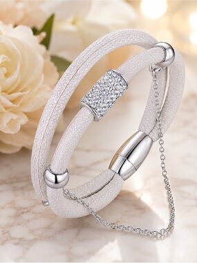 Swarovski crystals White Vegan Leather Bracelet